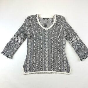 Olsen print three quarter sleeve pullover sweater with fringe Size 4